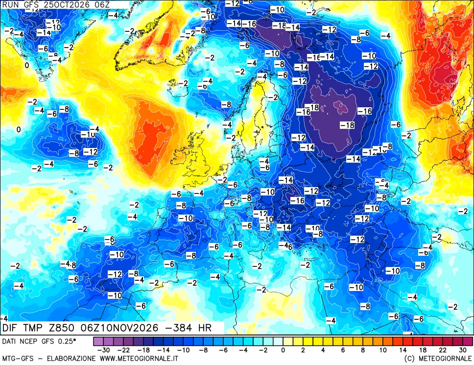 mappa Dif. Temp a 850 hPa Valid - Init