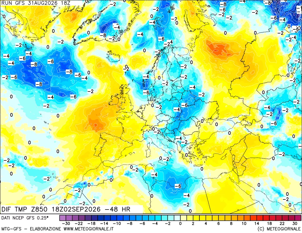 mappa Dif. Temp a 850 hPa Valid - Init