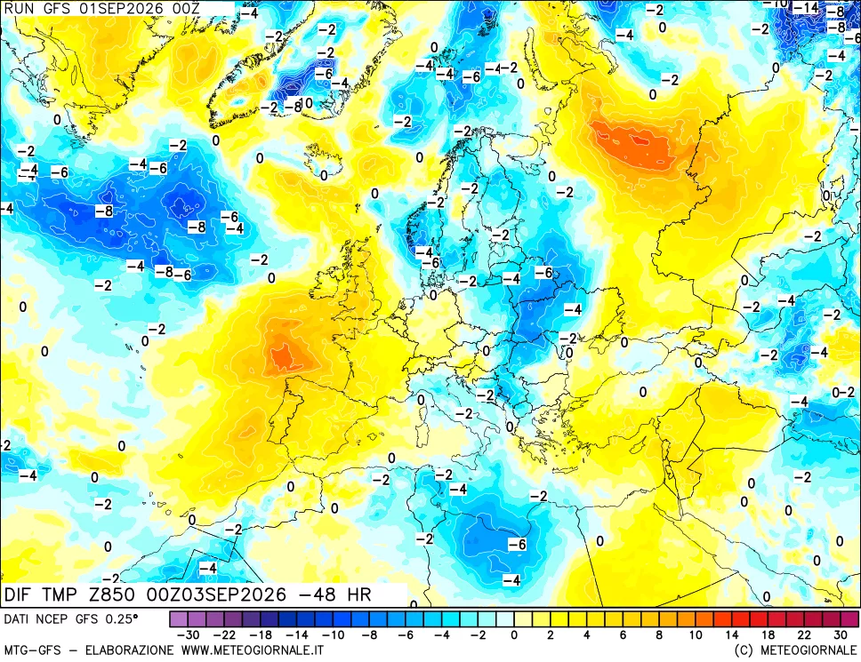 mappa Dif. Temp a 850 hPa Valid - Init