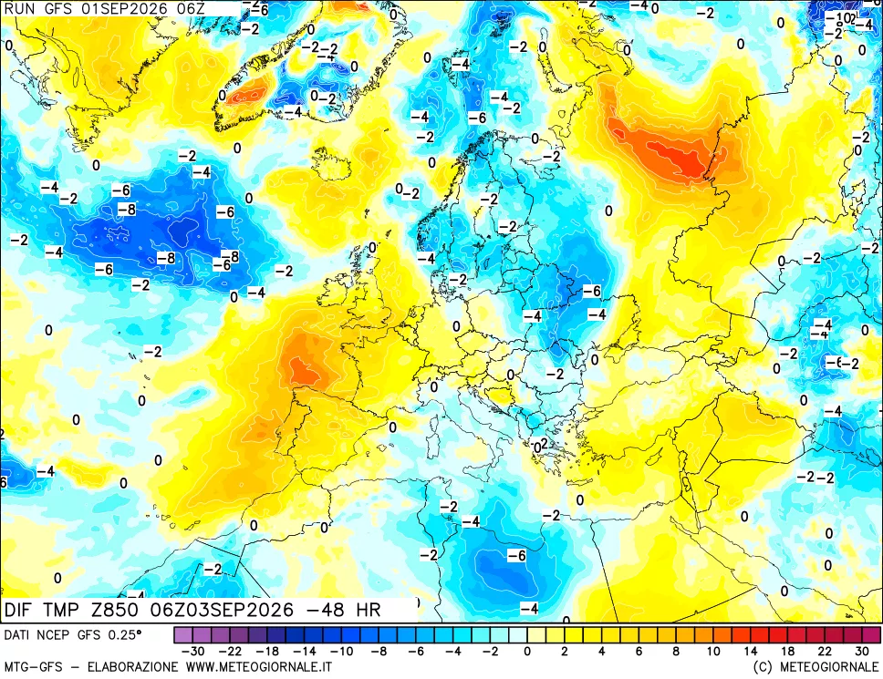 mappa Dif. Temp a 850 hPa Valid - Init