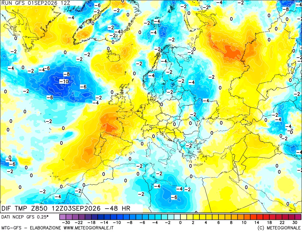 mappa Dif. Temp a 850 hPa Valid - Init