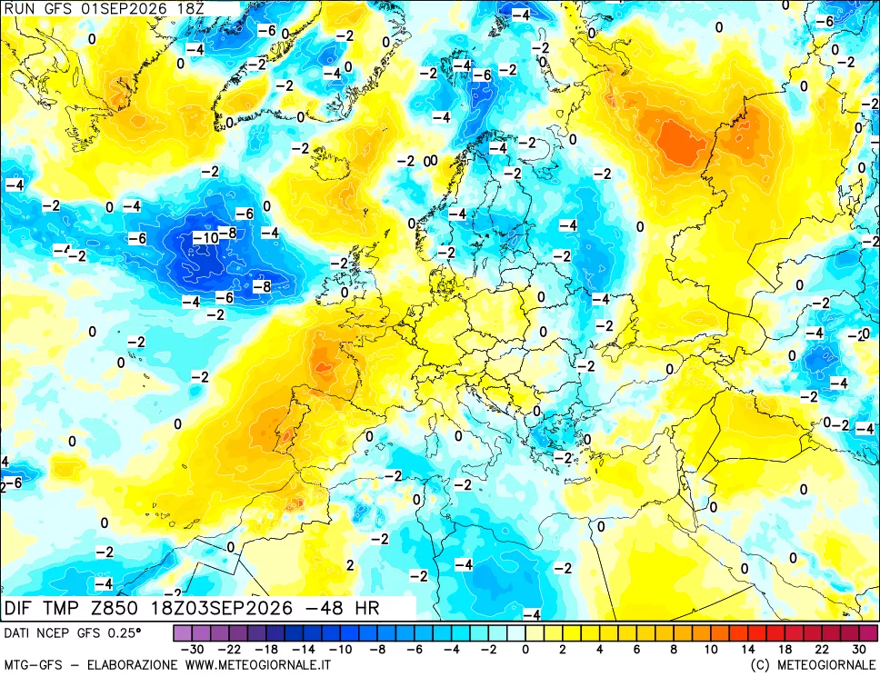 mappa Dif. Temp a 850 hPa Valid - Init