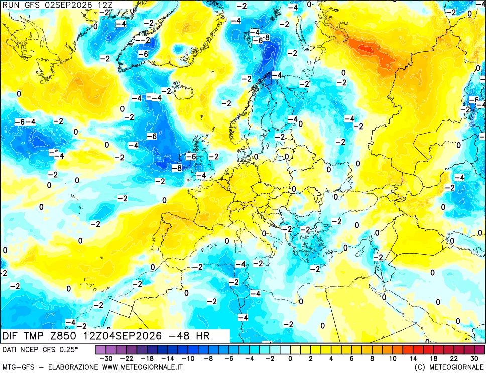 mappa Dif. Temp a 850 hPa Valid - Init