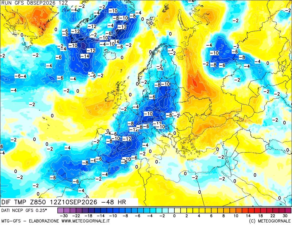 mappa Dif. Temp a 850 hPa Valid - Init