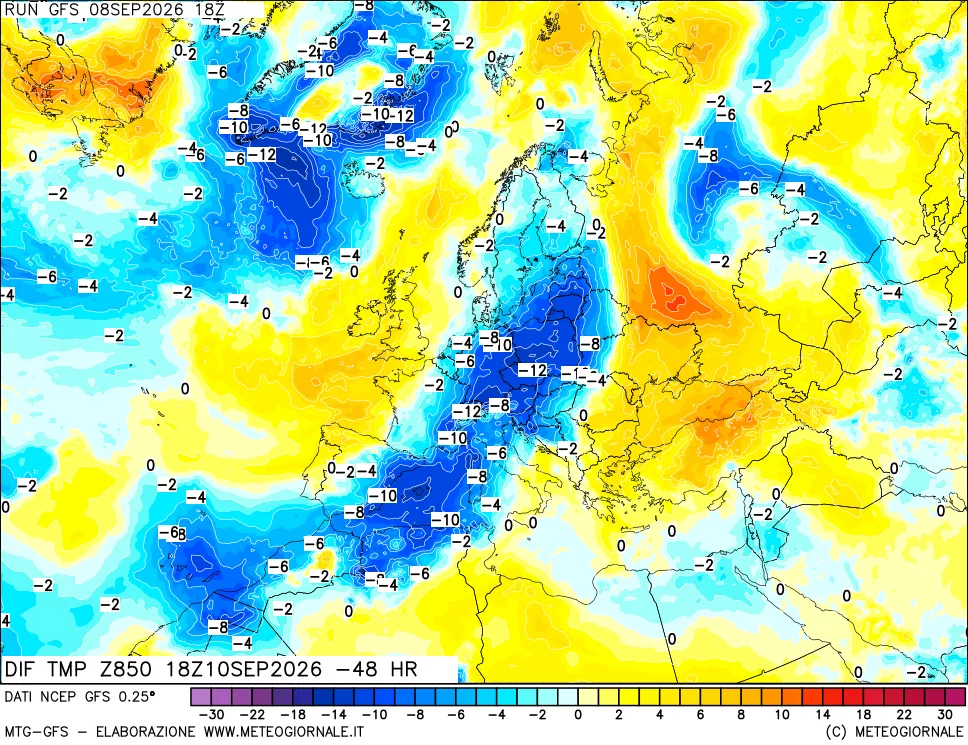 mappa Dif. Temp a 850 hPa Valid - Init