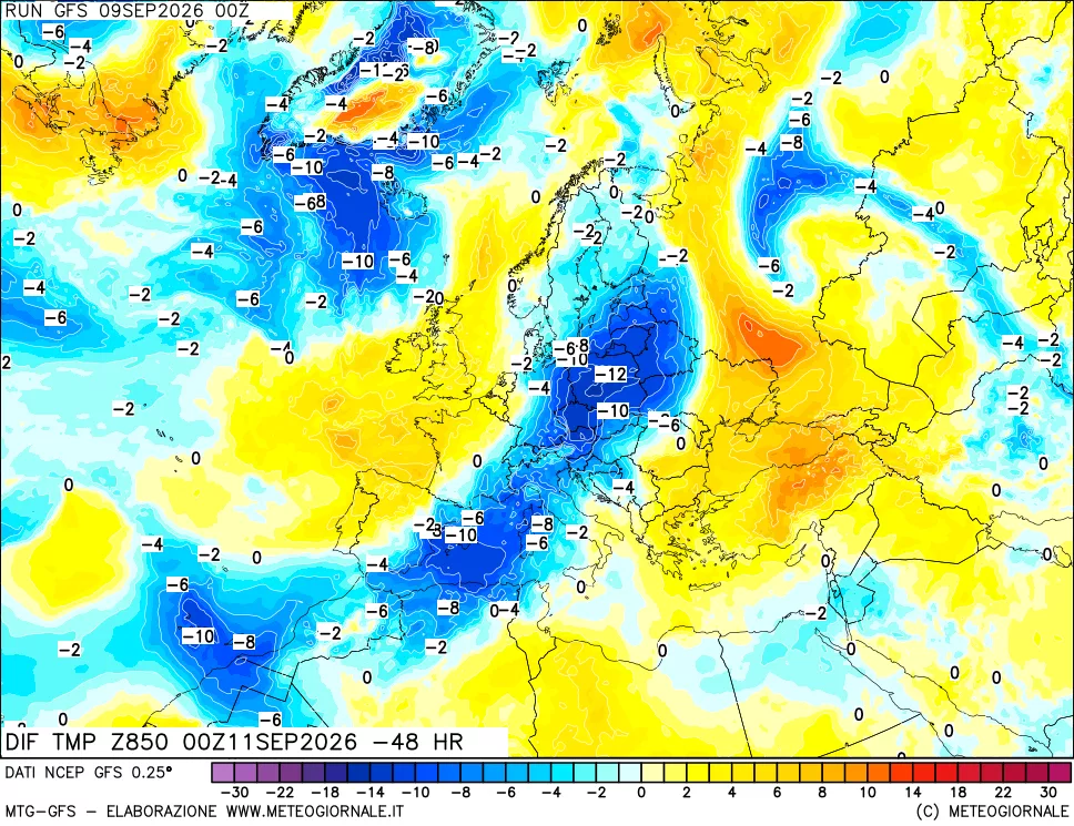 mappa Dif. Temp a 850 hPa Valid - Init