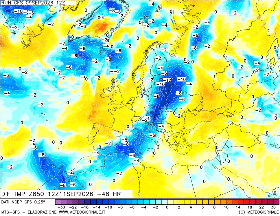 mappa Dif. Temp a 850 hPa Valid - Init