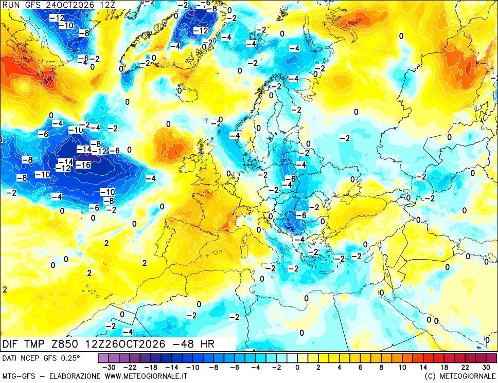 mappa Dif. Temp a 850 hPa Valid - Init