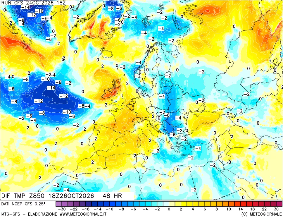 mappa Dif. Temp a 850 hPa Valid - Init