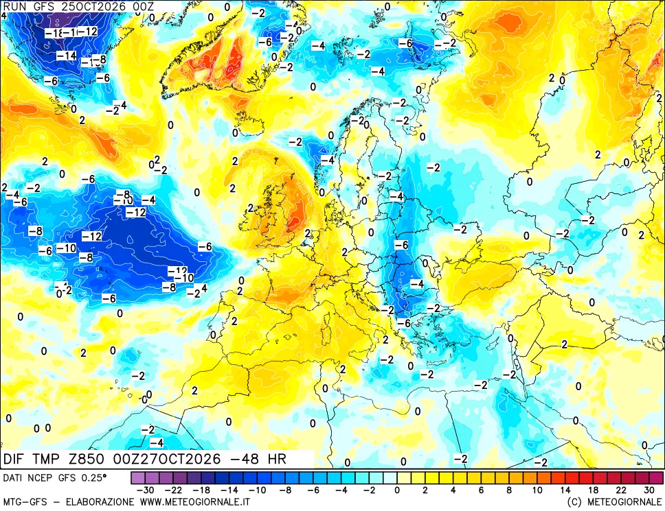 mappa Dif. Temp a 850 hPa Valid - Init