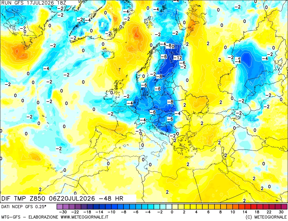 mappa Dif. Temp a 850 hPa Valid - Init