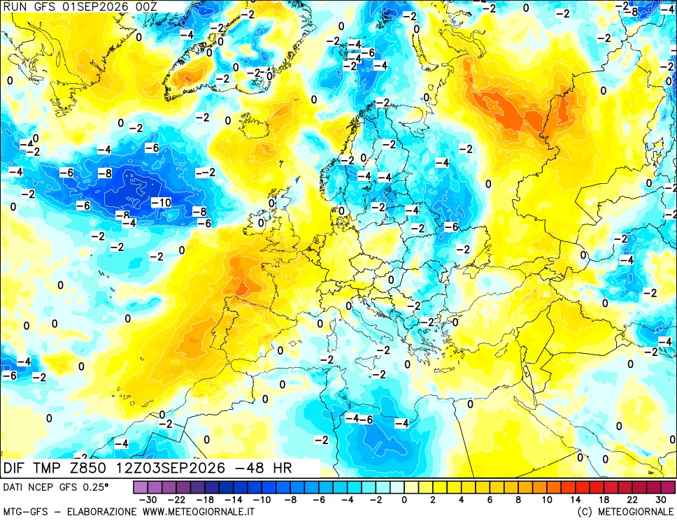 mappa Dif. Temp a 850 hPa Valid - Init