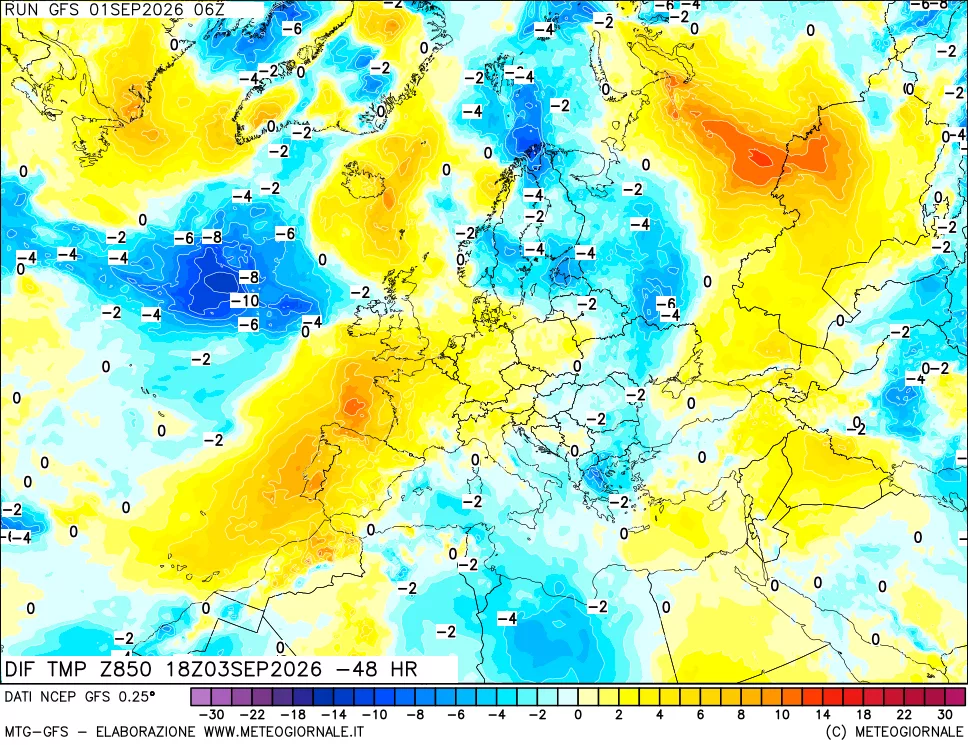 mappa Dif. Temp a 850 hPa Valid - Init