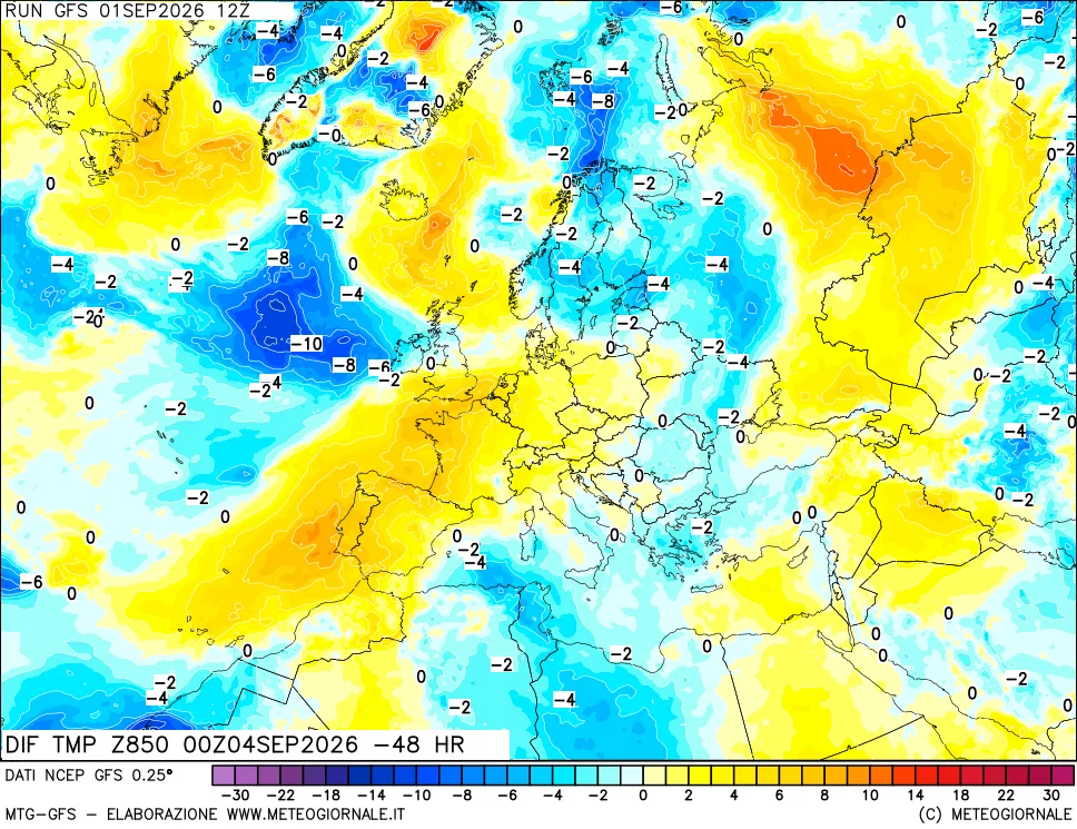 mappa Dif. Temp a 850 hPa Valid - Init