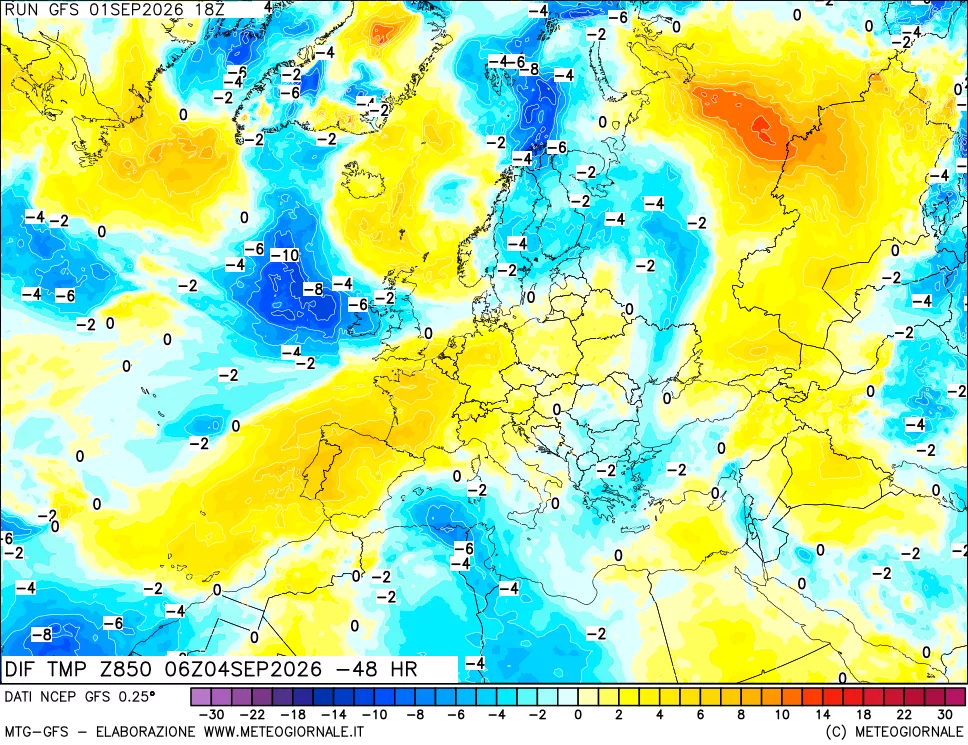 mappa Dif. Temp a 850 hPa Valid - Init