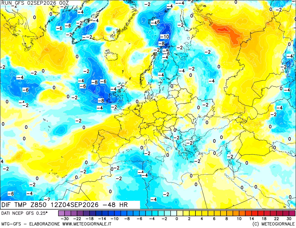 mappa Dif. Temp a 850 hPa Valid - Init