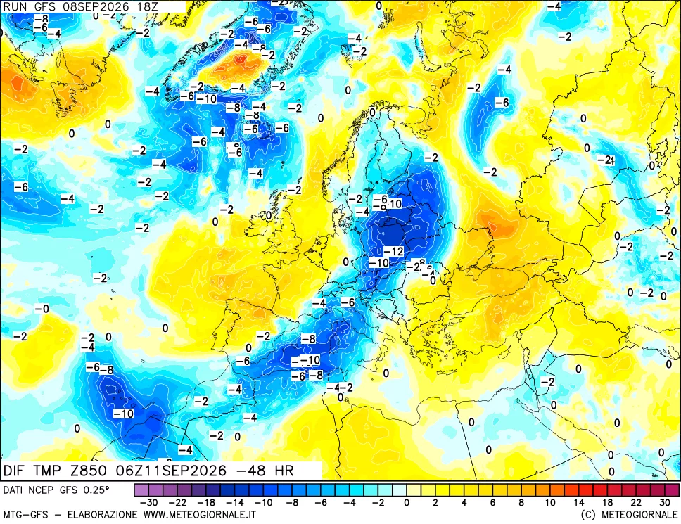 mappa Dif. Temp a 850 hPa Valid - Init