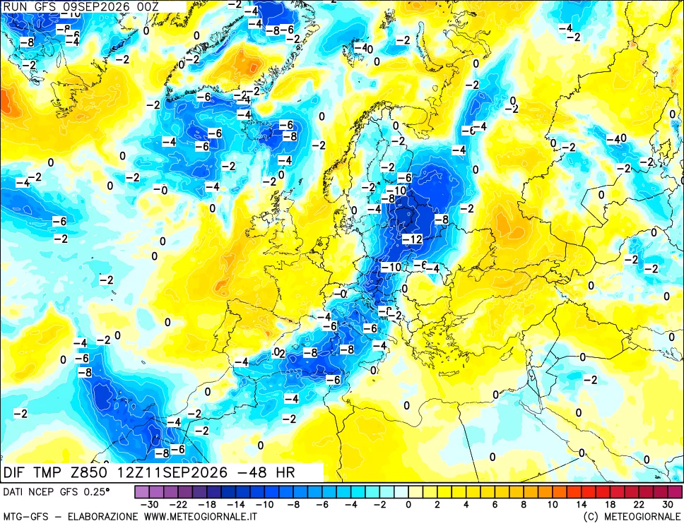 mappa Dif. Temp a 850 hPa Valid - Init