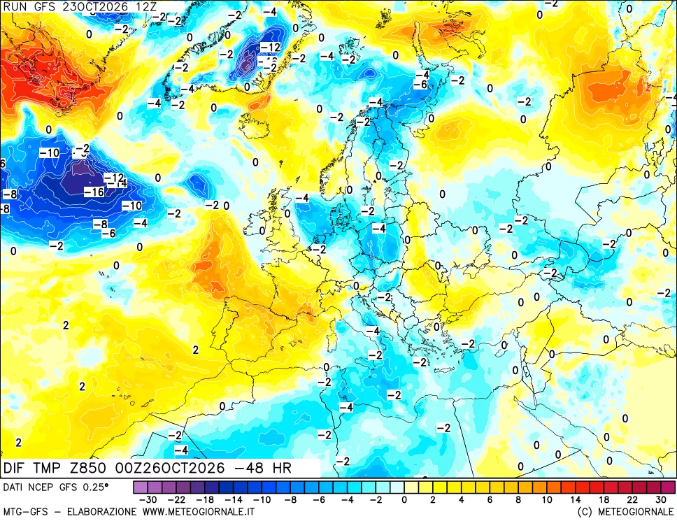 mappa Dif. Temp a 850 hPa Valid - Init