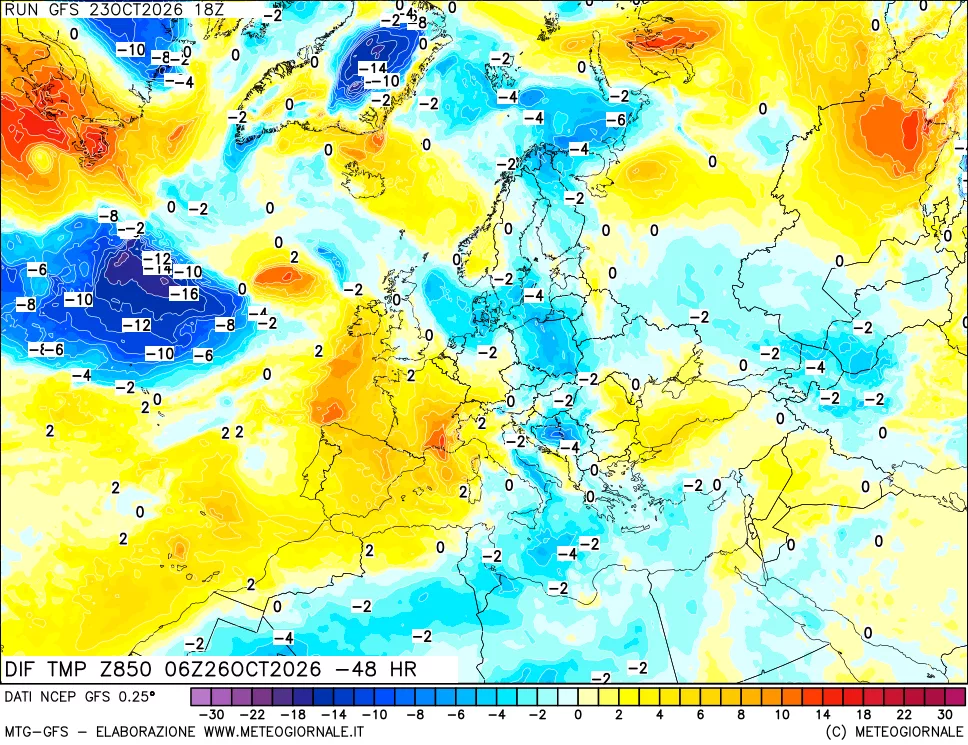 mappa Dif. Temp a 850 hPa Valid - Init