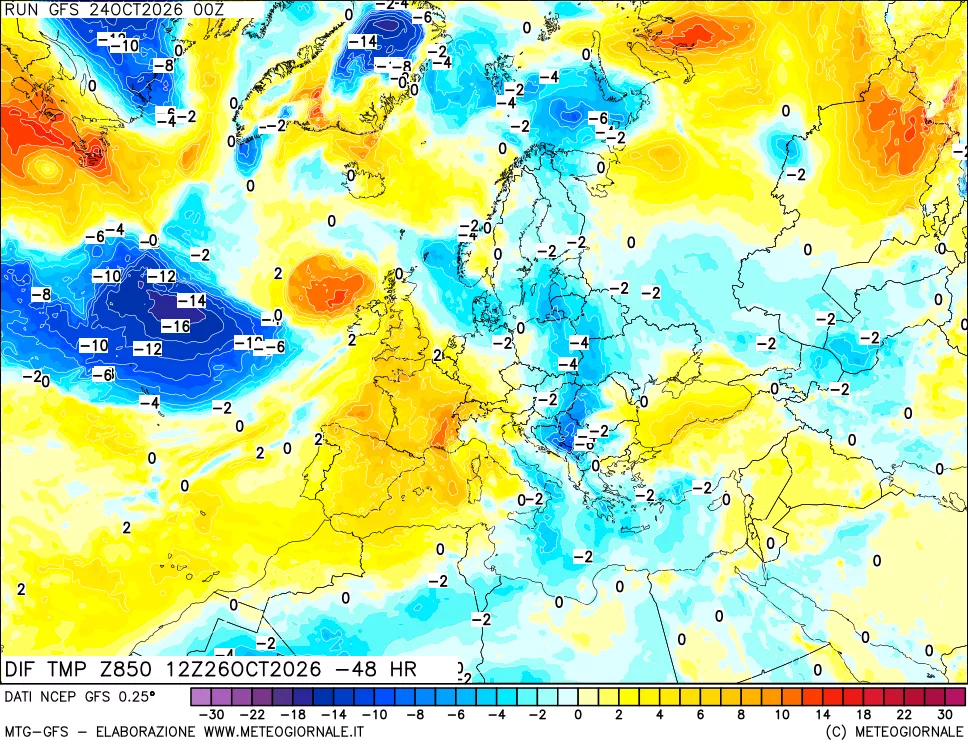mappa Dif. Temp a 850 hPa Valid - Init