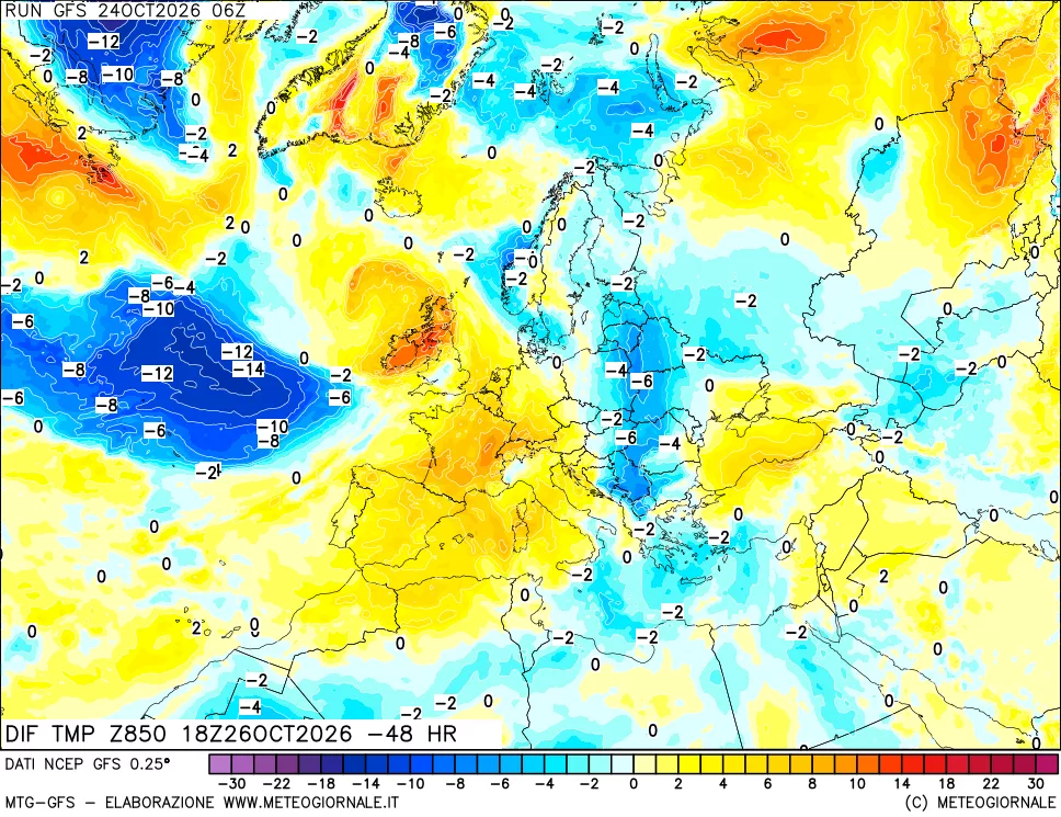 mappa Dif. Temp a 850 hPa Valid - Init