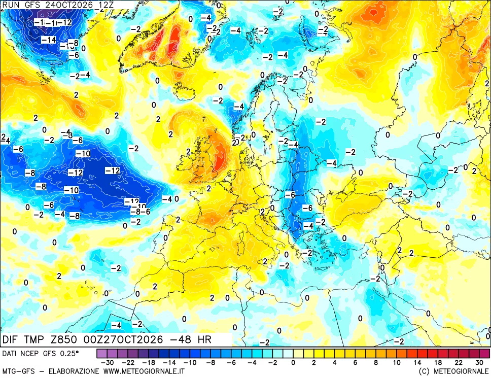 mappa Dif. Temp a 850 hPa Valid - Init