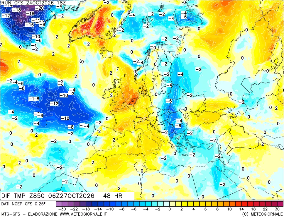 mappa Dif. Temp a 850 hPa Valid - Init