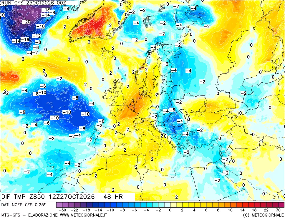 mappa Dif. Temp a 850 hPa Valid - Init