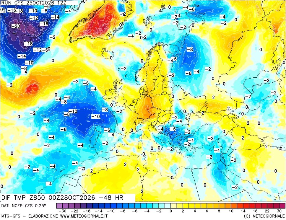 mappa Dif. Temp a 850 hPa Valid - Init