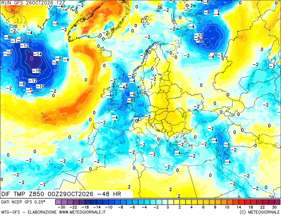 mappa Dif. Temp a 850 hPa Valid - Init