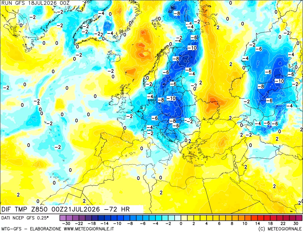 mappa Dif. Temp a 850 hPa Valid - Init