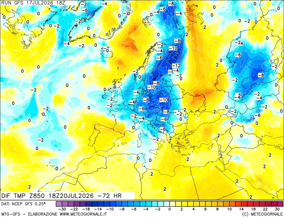 mappa Dif. Temp a 850 hPa Valid - Init