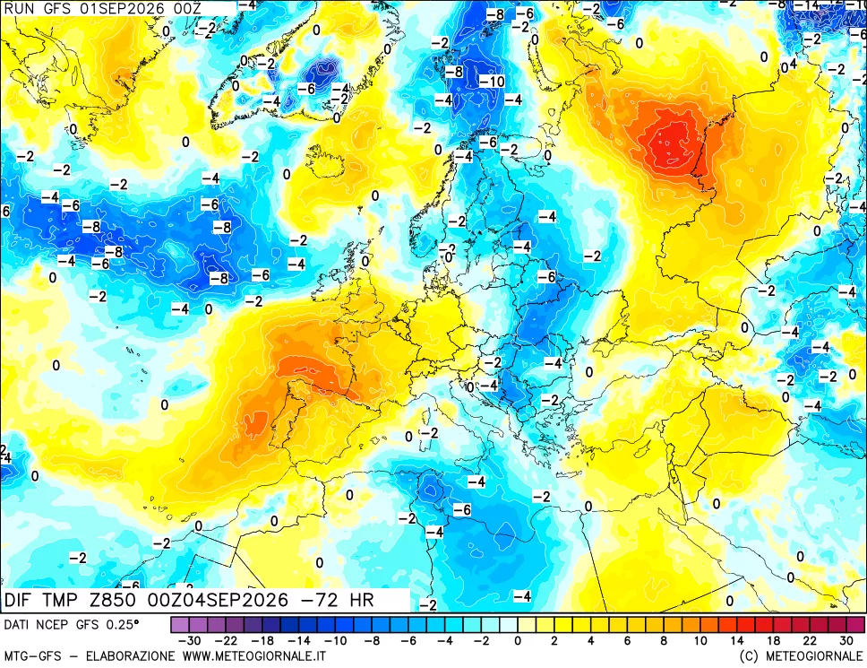 mappa Dif. Temp a 850 hPa Valid - Init