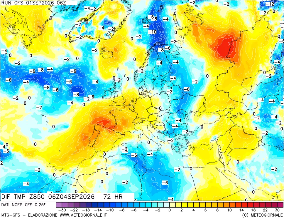 mappa Dif. Temp a 850 hPa Valid - Init