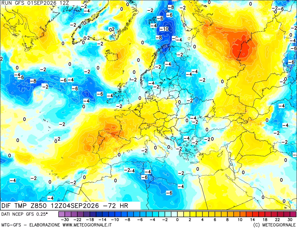 mappa Dif. Temp a 850 hPa Valid - Init
