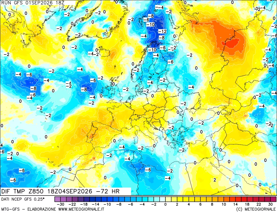 mappa Dif. Temp a 850 hPa Valid - Init