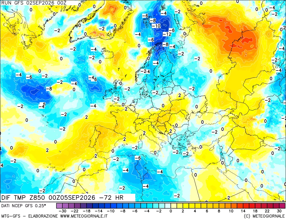 mappa Dif. Temp a 850 hPa Valid - Init