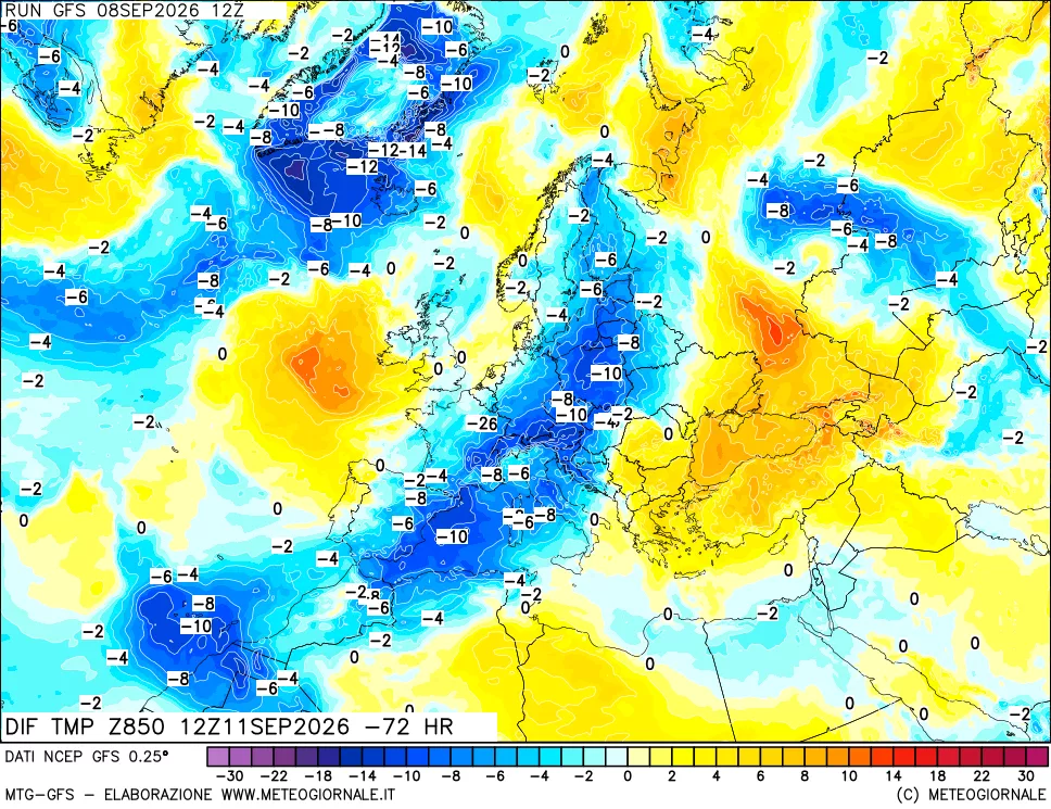 mappa Dif. Temp a 850 hPa Valid - Init