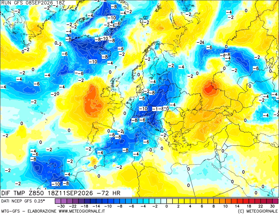 mappa Dif. Temp a 850 hPa Valid - Init