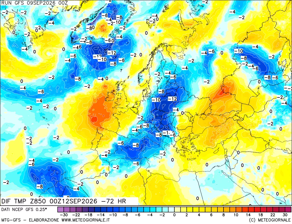 mappa Dif. Temp a 850 hPa Valid - Init
