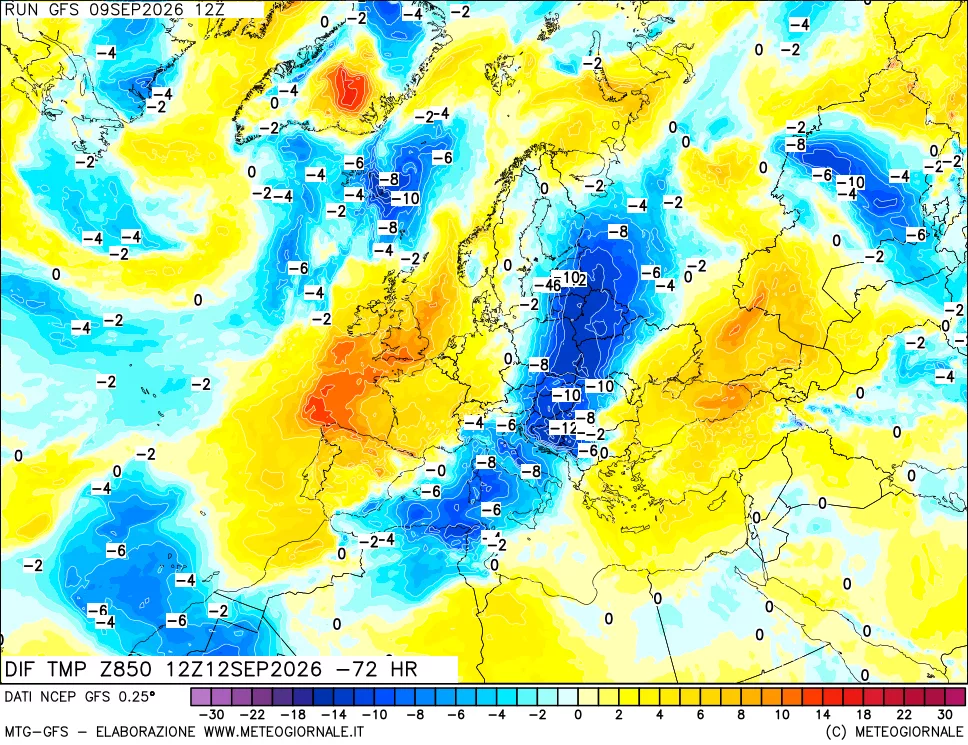 mappa Dif. Temp a 850 hPa Valid - Init