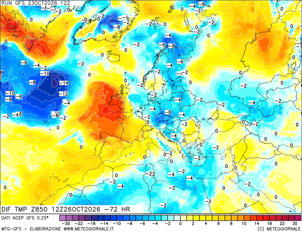 mappa Dif. Temp a 850 hPa Valid - Init
