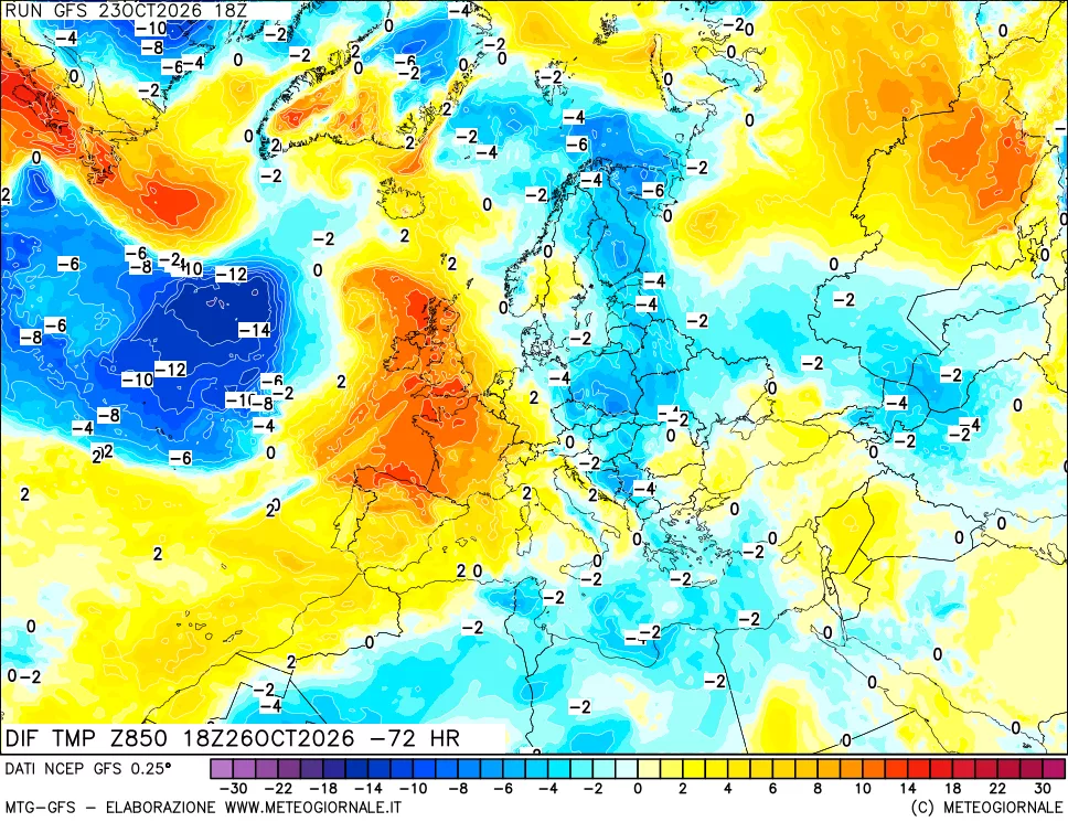 mappa Dif. Temp a 850 hPa Valid - Init