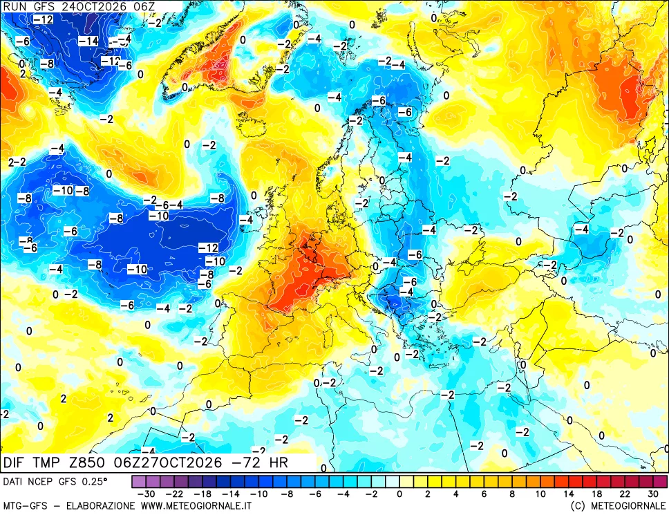 mappa Dif. Temp a 850 hPa Valid - Init