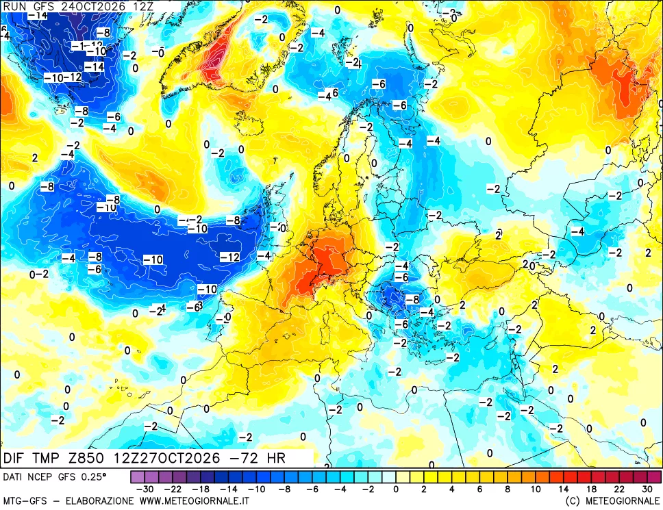mappa Dif. Temp a 850 hPa Valid - Init