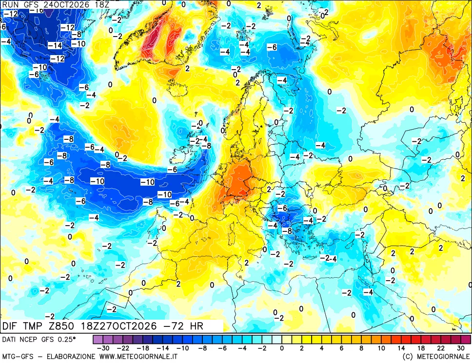 mappa Dif. Temp a 850 hPa Valid - Init