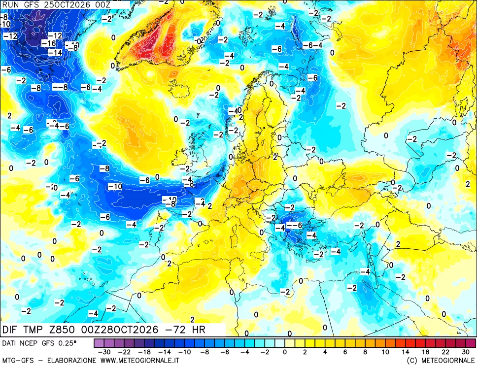 mappa Dif. Temp a 850 hPa Valid - Init
