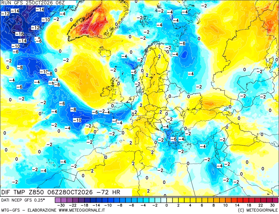 mappa Dif. Temp a 850 hPa Valid - Init
