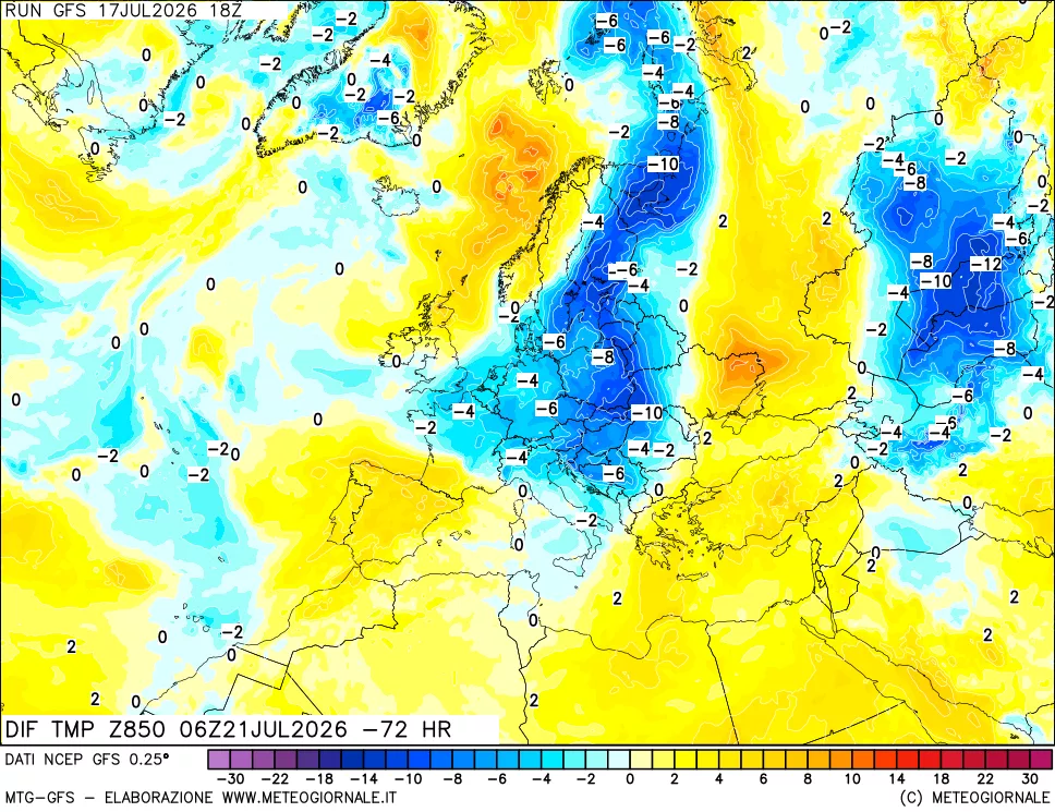 mappa Dif. Temp a 850 hPa Valid - Init
